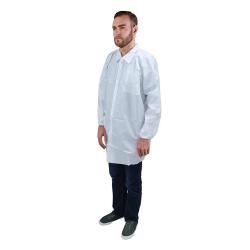 Pack of 5 White Lab Coats Large Size Elastic Wrists; Snap Front; 2 Pockets. Disposable Breathable Polypropylene Labcoats. Laboratory Coats for Commercial Applications. Wholesale Price